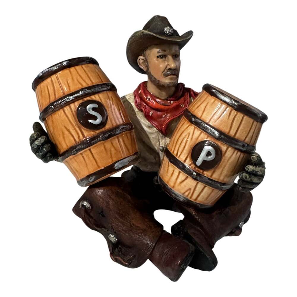 Rivers Edge Cowboy Holding Barrels Salt Pepper Shaker Set Western Rustic